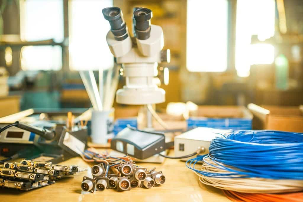 Modern microscope, electronic components in a scientific laboratory