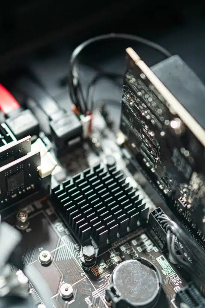 close up of computer motherboard components