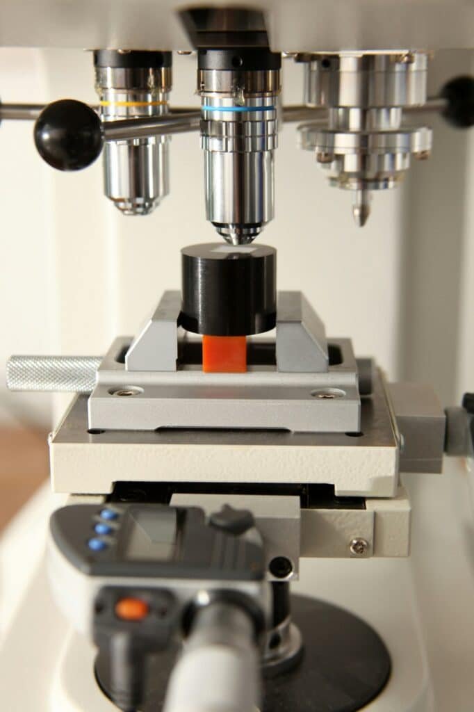 Close-up of modern cnc machine part. Measuring machine.